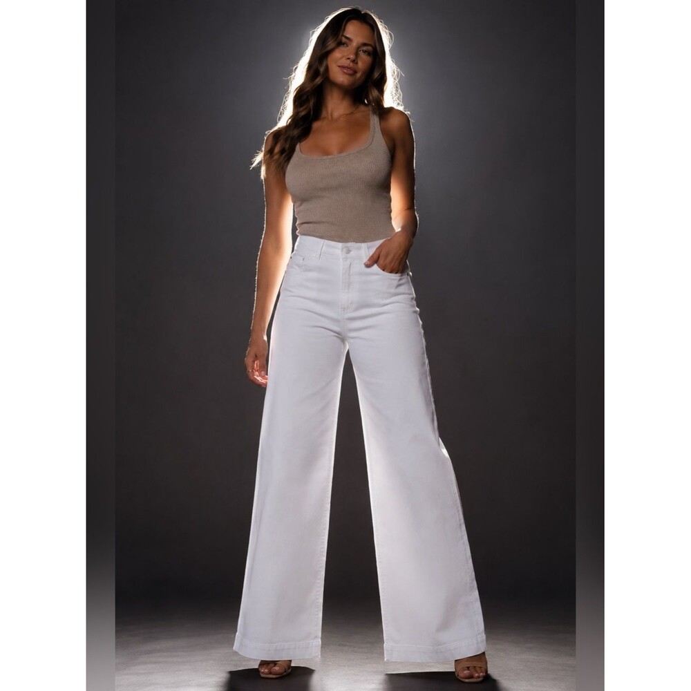 SPANX White Wide Leg Jeans High Rise Stretch Denim Pants Large Coastal Chic Luxe - Picture 2 of 9